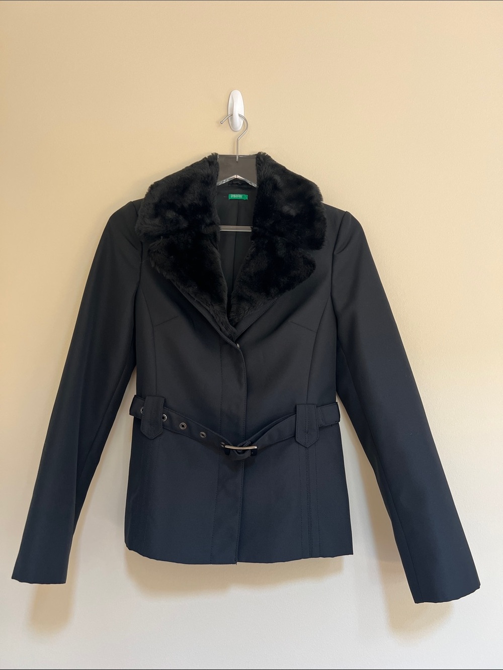 United Colors of Benetton Black Women's Belted Blazer with removable fur 0 - Picture 8 of 8